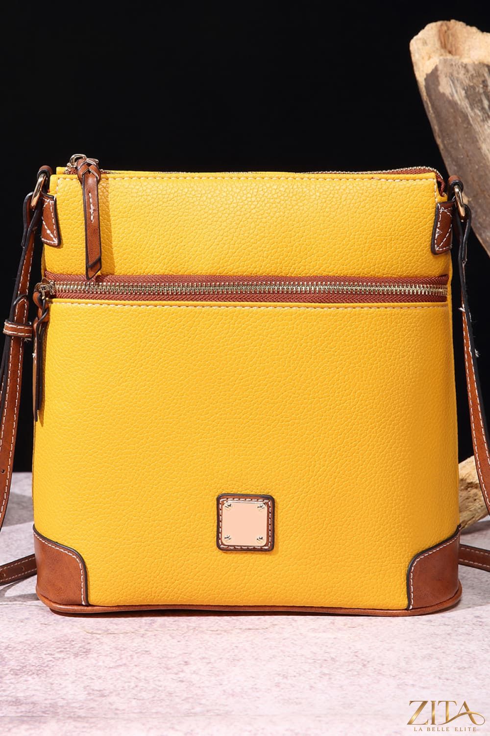 Zita La Belle Elite PU leather crossbody bag with adjustable strap and gold-tone hardware on a neutral background.