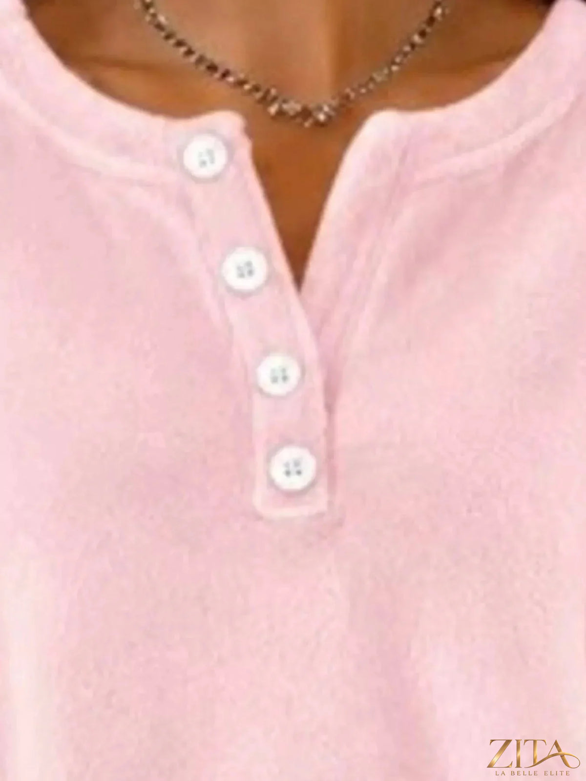 Zita La Belle Elite button detail dropped shoulder sweatshirt in soft fabric with stylish button accents on shoulders.