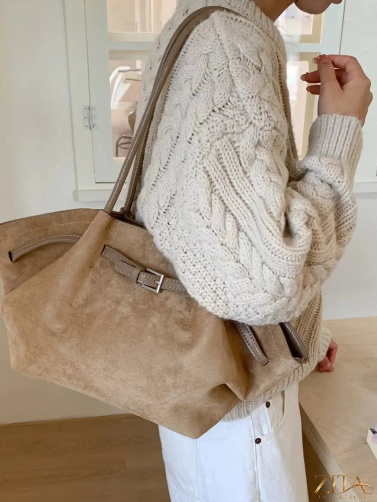 Zita La Belle Elite solid color buckle tote bag with sturdy handles and sleek design, perfect for everyday use.