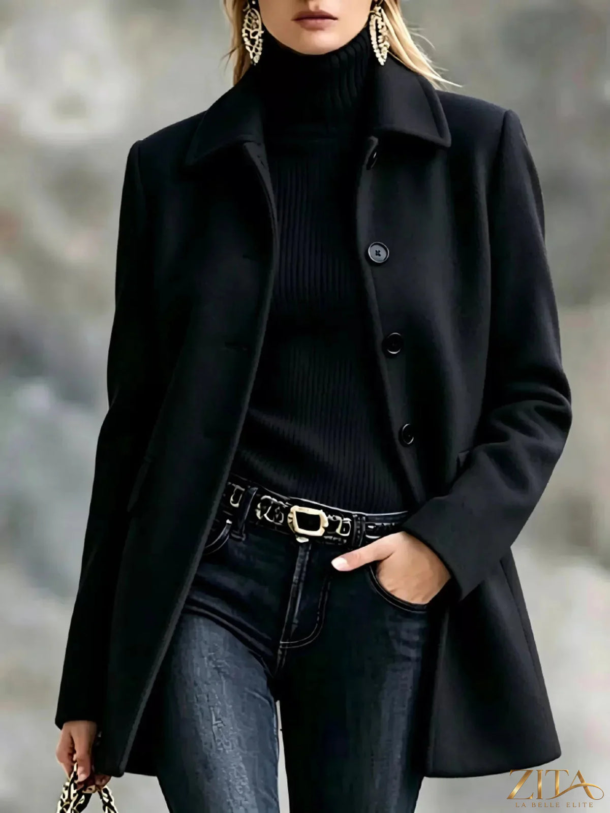 Zita La Belle Elite button-up coat with a collared neck, stylish and warm outerwear for elegant winter fashion.