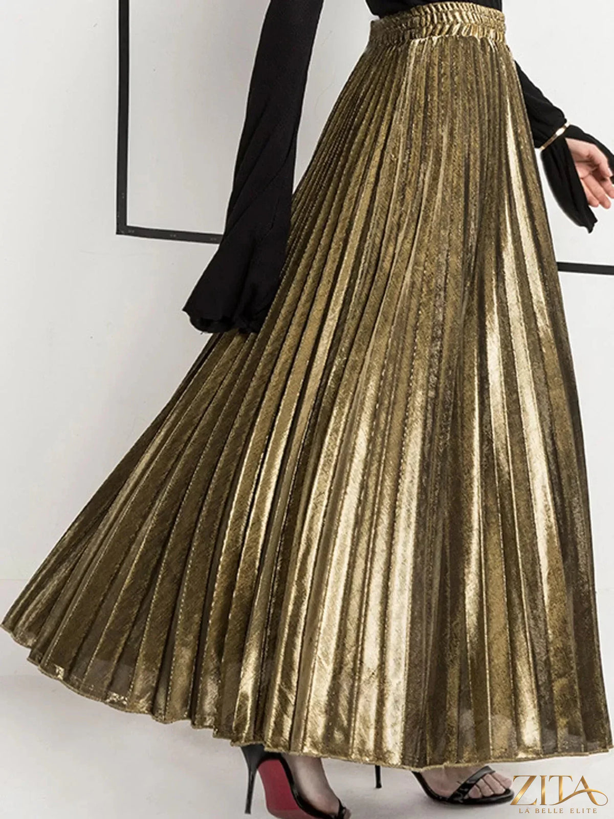 High-waisted pleated maxi skirt by Trendsi, flowing fabric with a stylish waistband and full-length design.