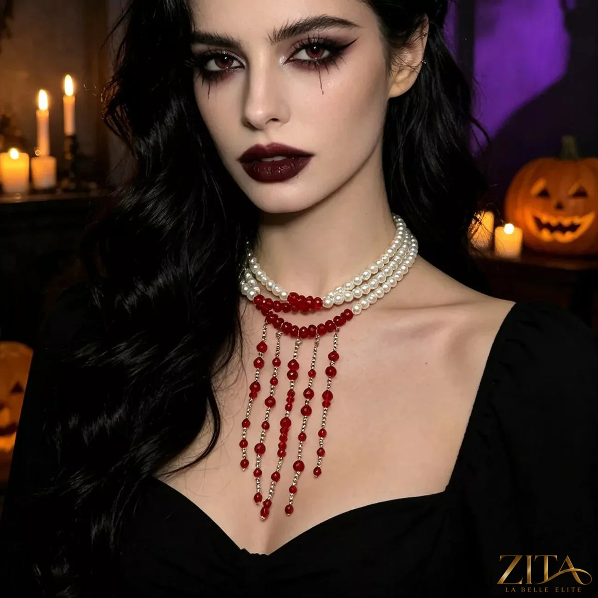 Gothic multi-layered beaded necklace with dark beads and metal accents, stylish jewelry piece from Trendsi.