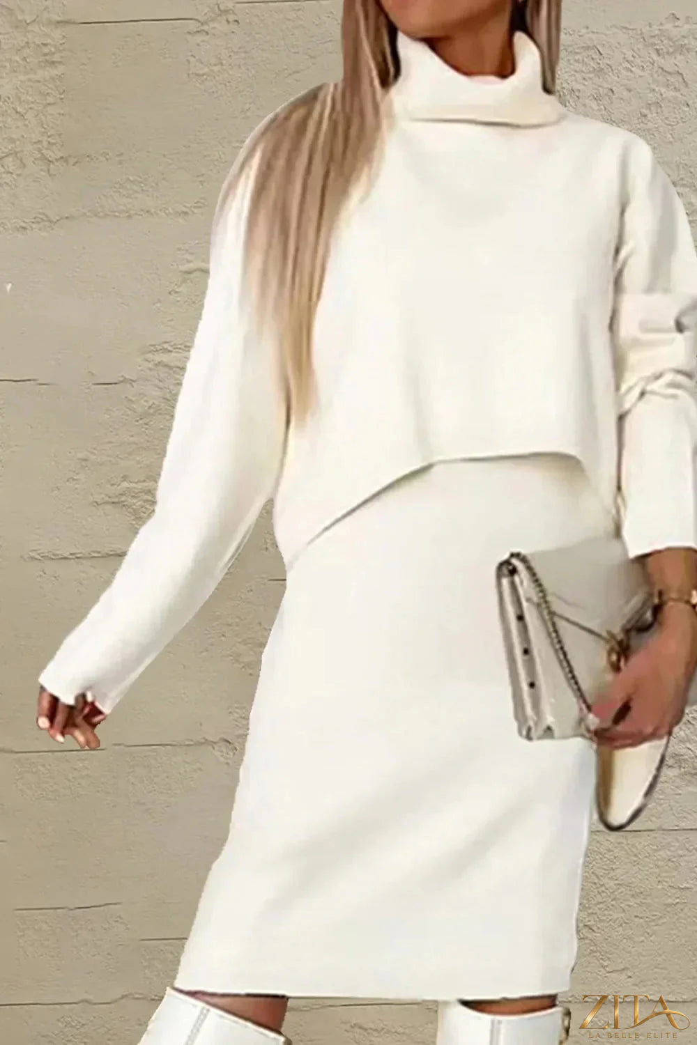 Zita La Belle Elite turtleneck dropped shoulder sweater and dress sweater two-piece set, soft knit, stylish and comfortable winter outfit.