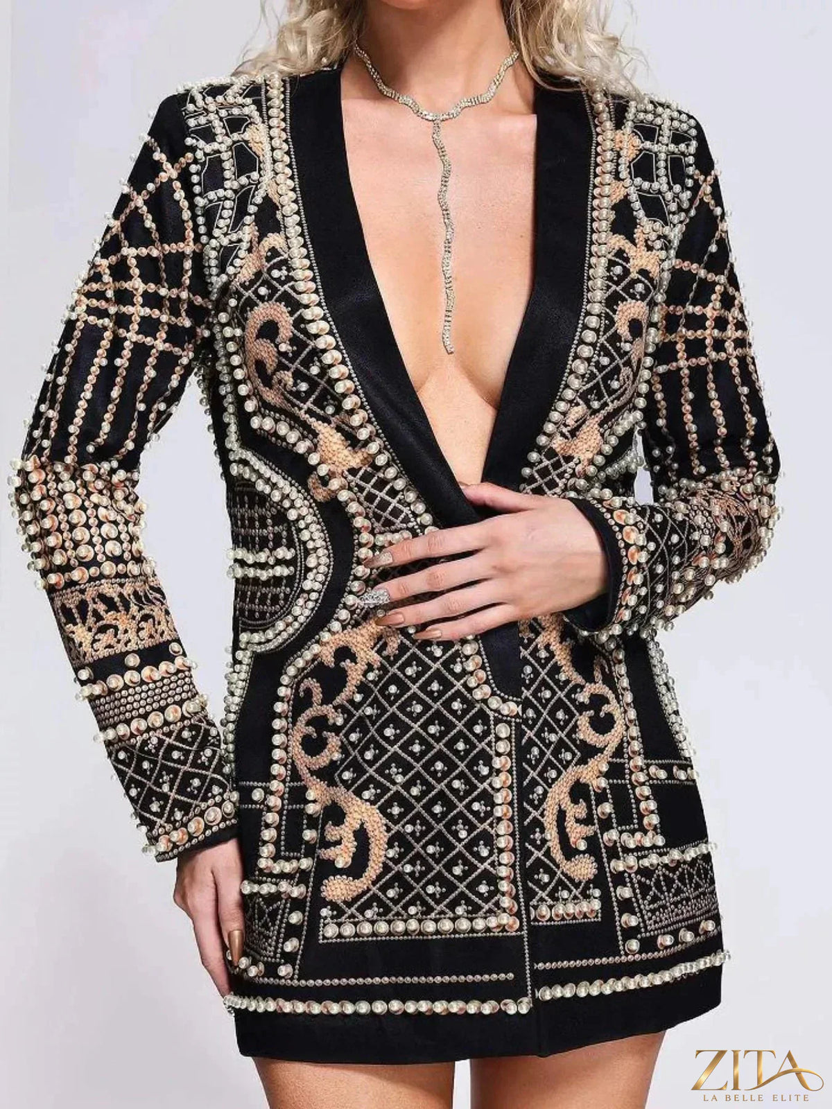 Plus size Zita La Belle Elite full-size blazer with embellished pearl details and a single-button closure on a mannequin.