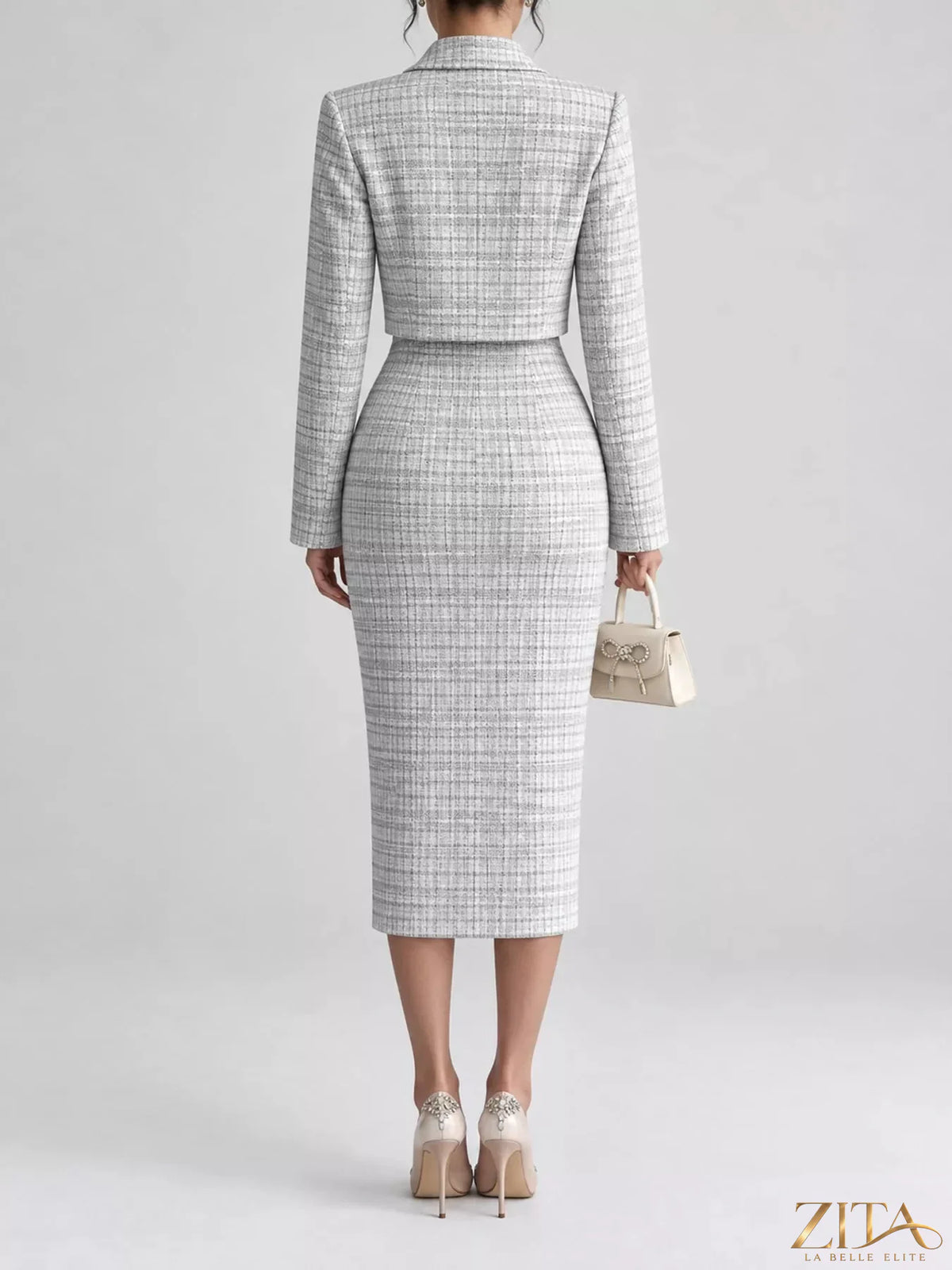 Zita La Belle Elite tweed square neck dress and cardigan set, beige textured fabric, long sleeves, elegant and classic style.