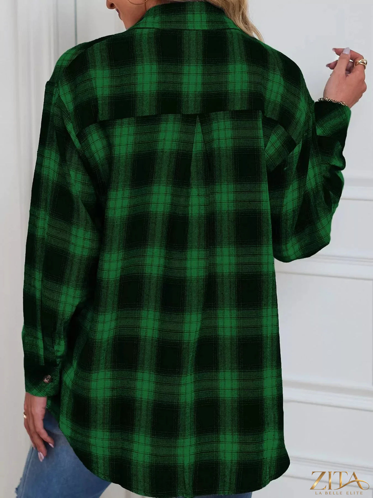 Zita La Belle Elite plaid button-down oversized shirt with a relaxed fit, featuring a classic checkered pattern in neutral tones.
