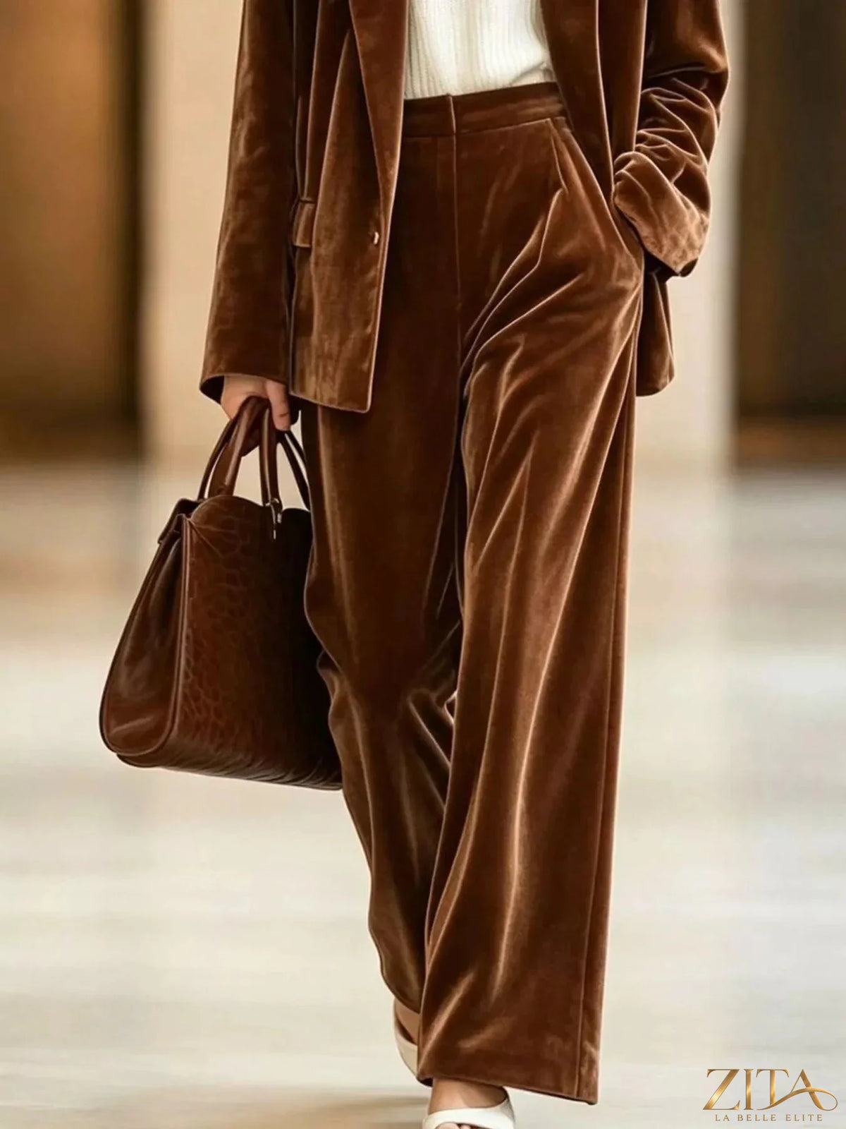 Zita La Belle Elite velvet blazer and wide-leg pants two-piece set, featuring a tailored blazer and flowing wide-leg trousers.