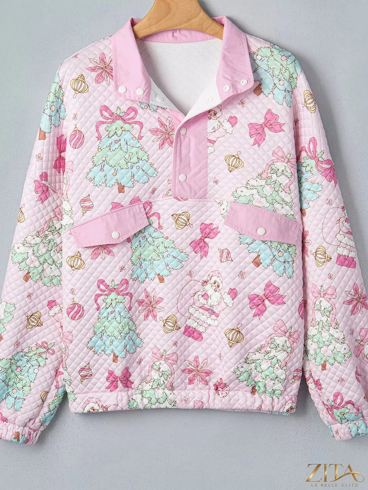 Zita La Belle Elite Christmas print collar half-button loose sweatshirt with festive holiday design and cozy fit.