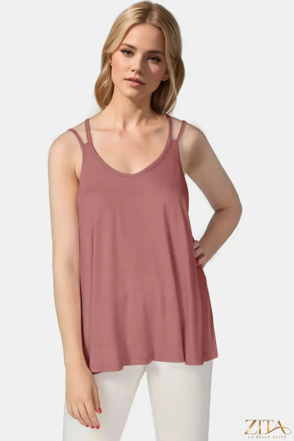 Zita La Belle Elite Basic Bae bamboo cami top with scoop neck and double spaghetti straps, soft and lightweight fabric.