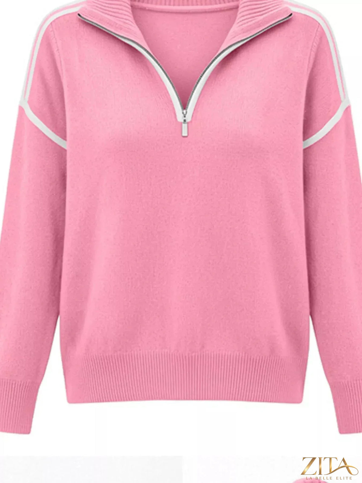 Cream-colored quarter-zip dropped shoulder sweater by Trendsi, featuring a cozy knit fabric and relaxed fit.