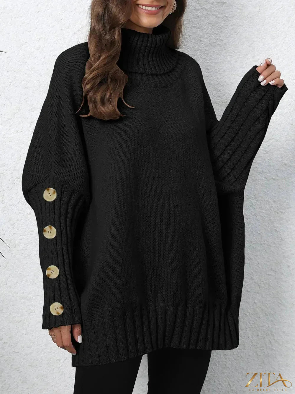 Trendsi long sleeve turtleneck sweater in neutral color, soft knit fabric, close-up of the stylish, fitted design.