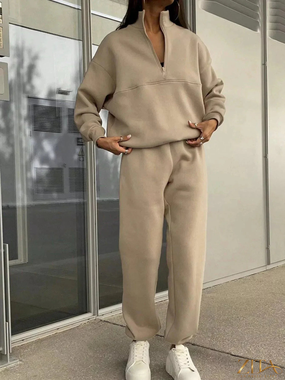 Zita La Belle Elite half zip sweatshirt and matching pants set in soft fabric, shown in a casual, comfortable fit.