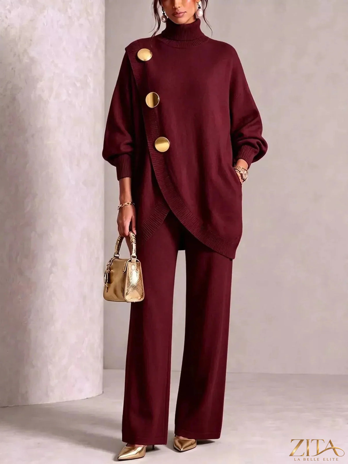 Gold button accent turtleneck sweater and pants set by Trendsi, featuring a stylish turtleneck and matching gold-button details.