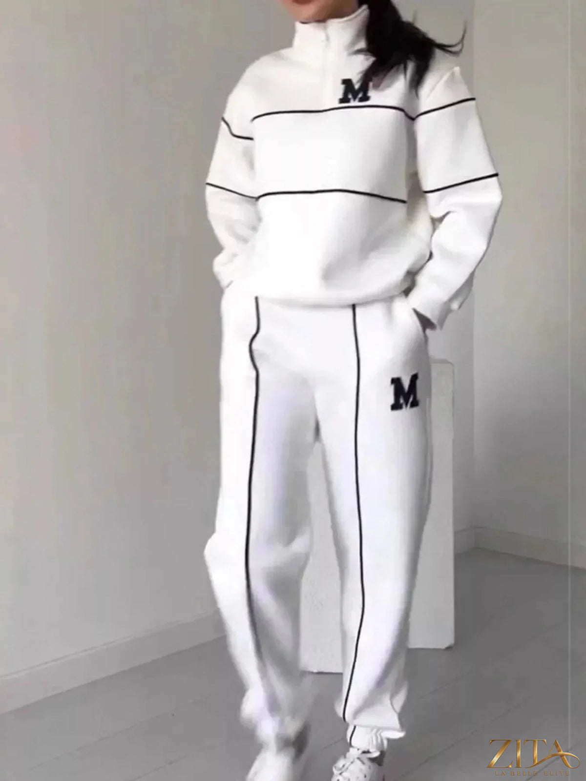 Plus size Zita La Belle Elite striped quarter zip top and matching pants set, full size, comfortable and stylish loungewear.