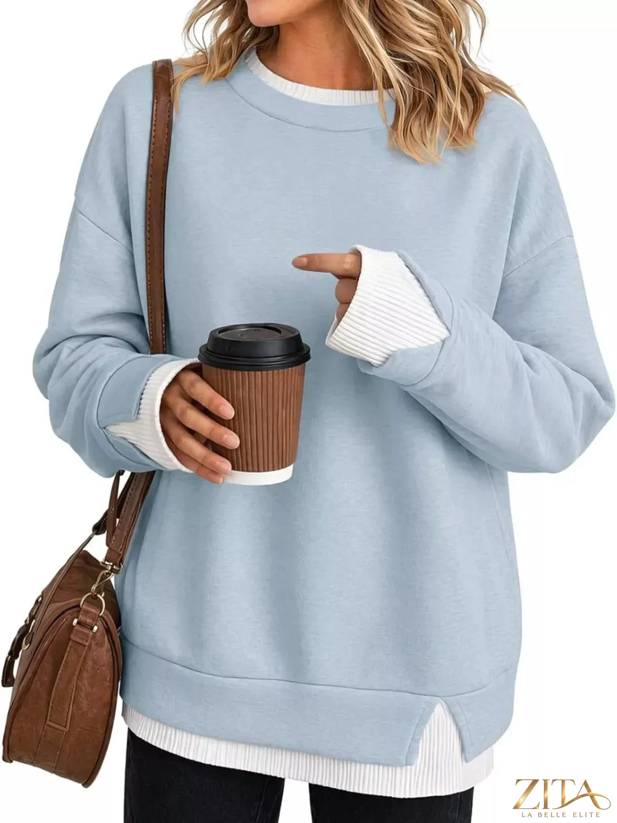 Zita La Belle Elite crewneck sweatshirt with contrast ribbed trim in soft fabric, shown in a relaxed fit on a neutral background.