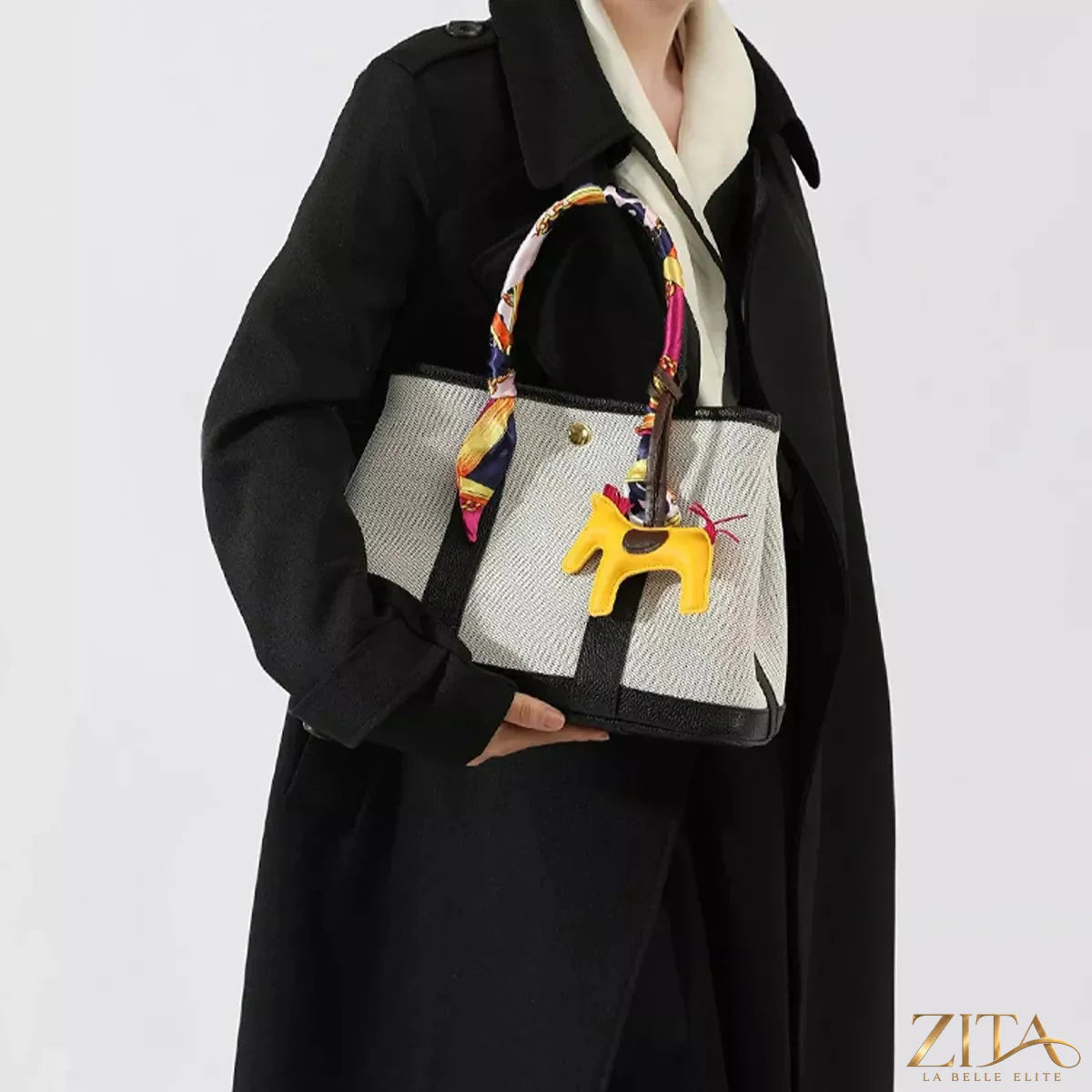 Zita La Belle Elite canvas handbag with silk scarf and horse charm, stylish accessory for casual and elegant outfits.