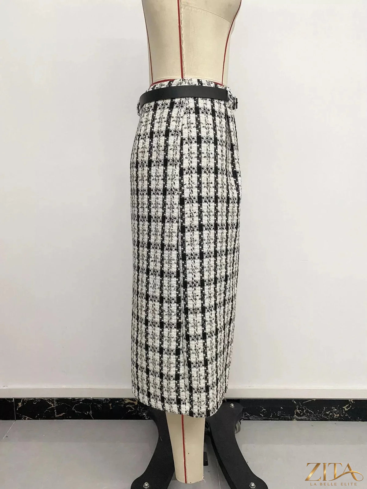 Zita La Belle Elite high-waisted tweed plaid midi skirt with a classic pattern and tailored fit, shown on a neutral background.