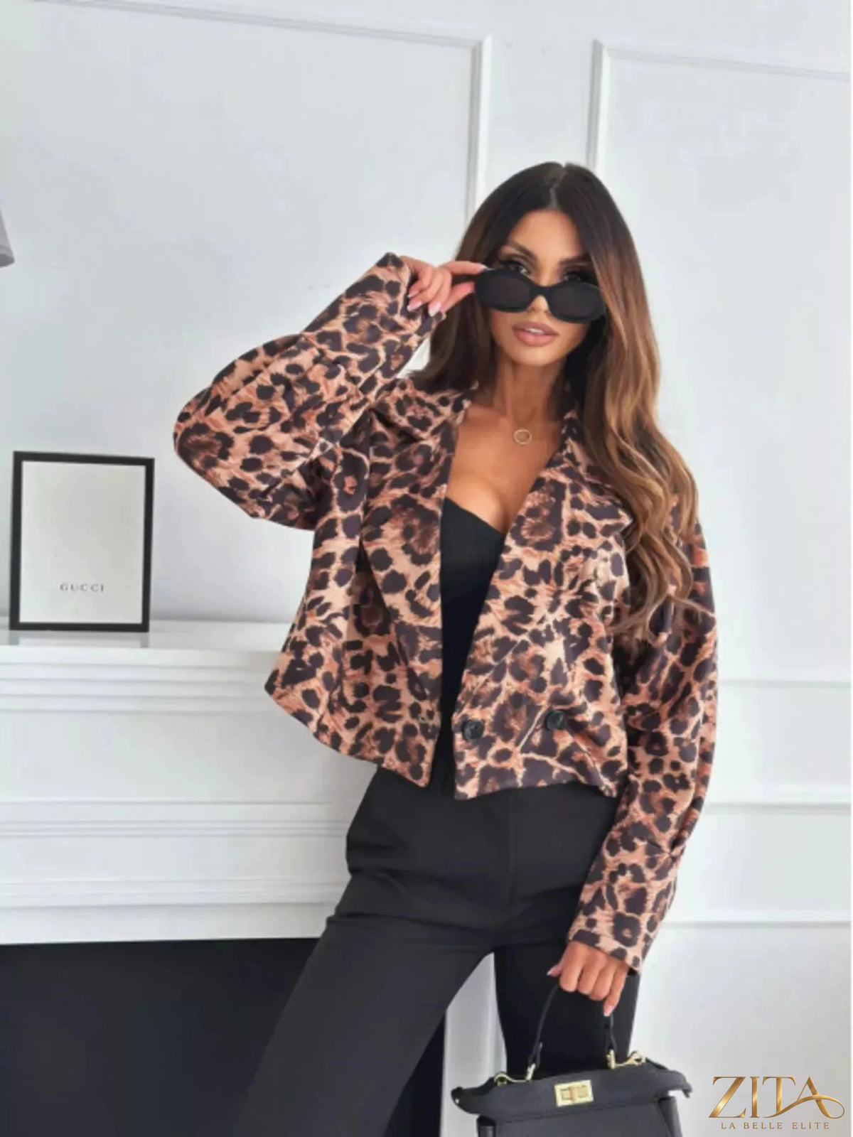 Leopard print cropped blazer by Zita La Belle Elite, featuring a tailored fit and stylish animal print design.