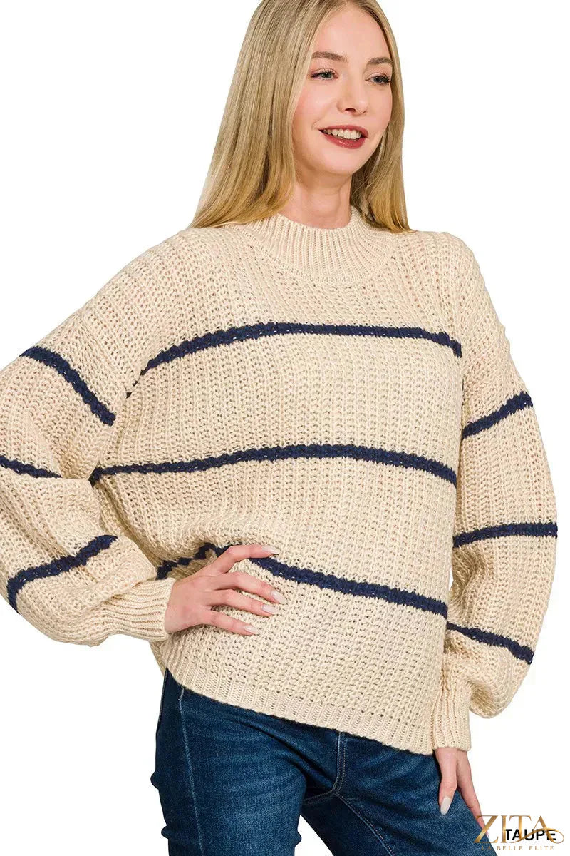 Zita La Belle Elite Zenana oversized striped sweater with relaxed fit and bold horizontal black and white stripes.