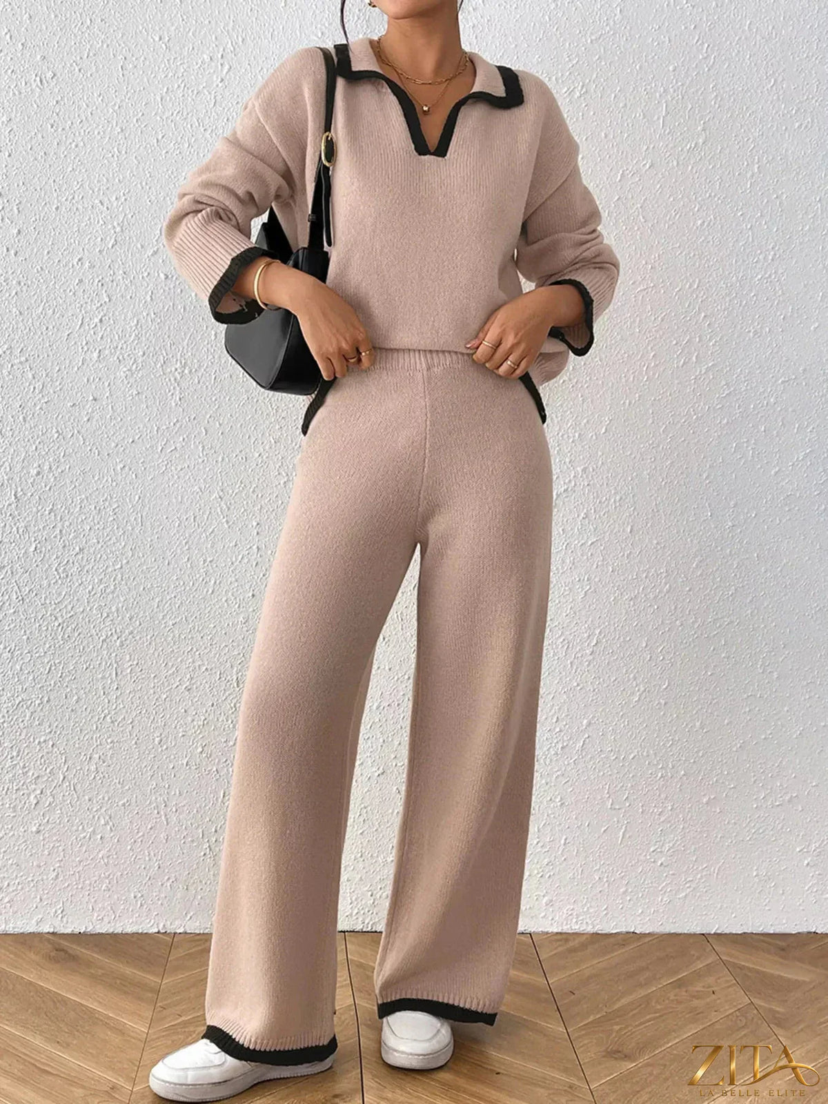 Zita La Belle Elite contrast trim polo collar top and matching pants sweater set, stylish and comfortable for casual wear.