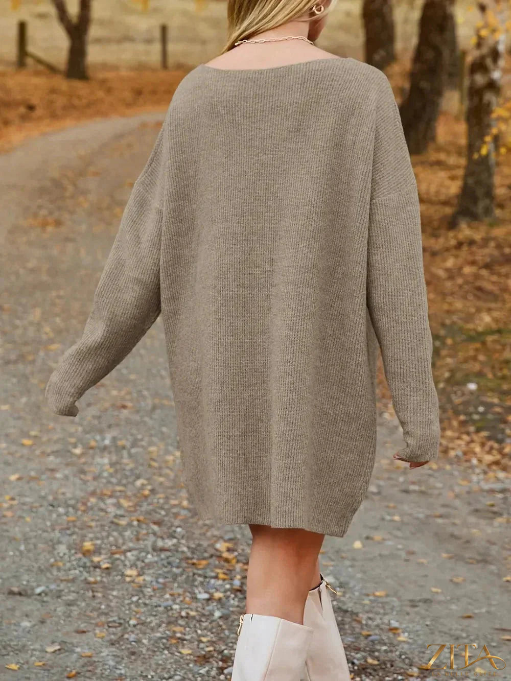 Zita La Belle Elite V-neck dropped shoulder sweater dress in cozy knit fabric, featuring a relaxed fit and stylish silhouette.