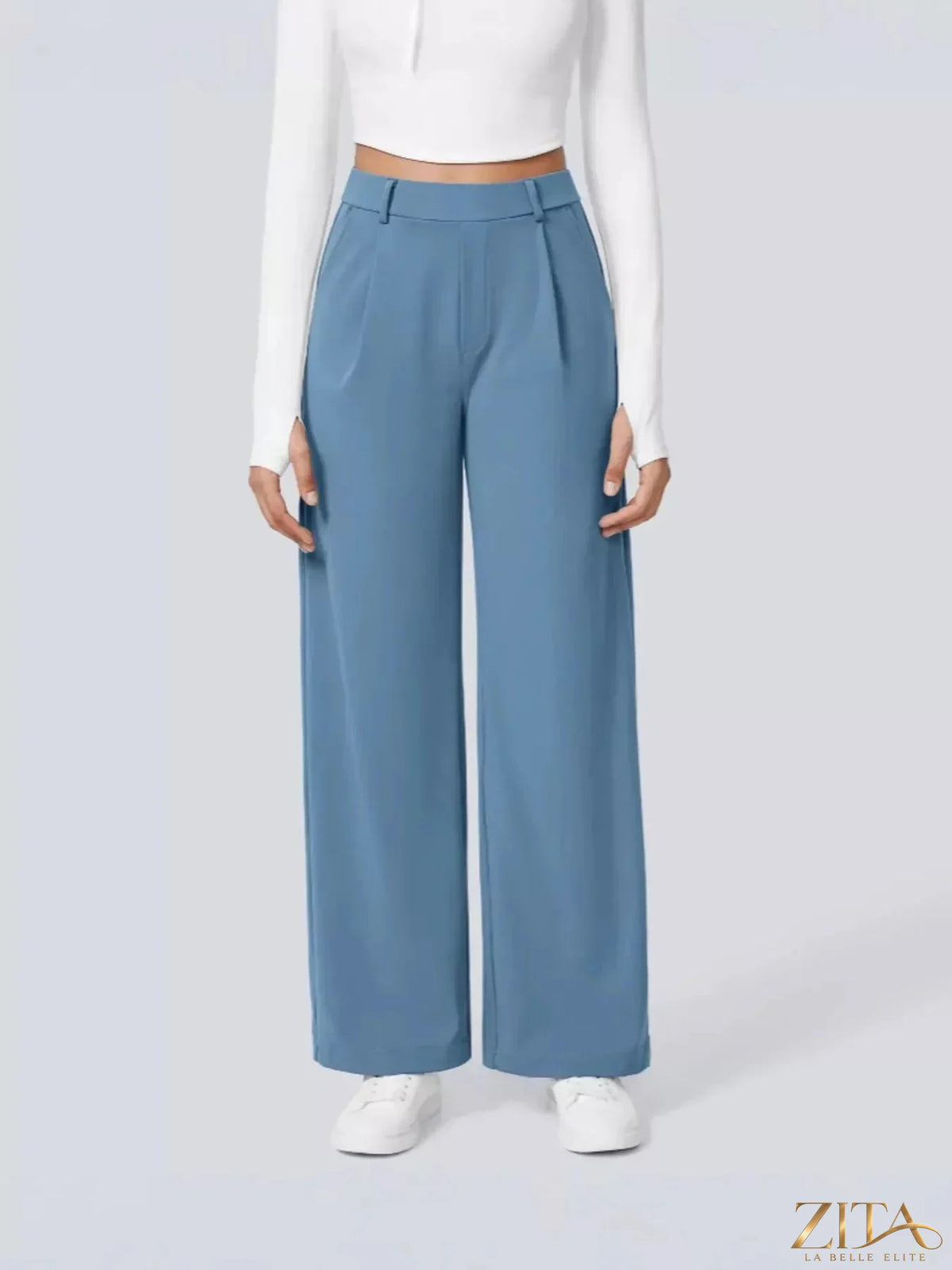 Zita La Belle Elite wide leg pants in soft fabric, featuring a high waist and flowing silhouette, shown on a model.