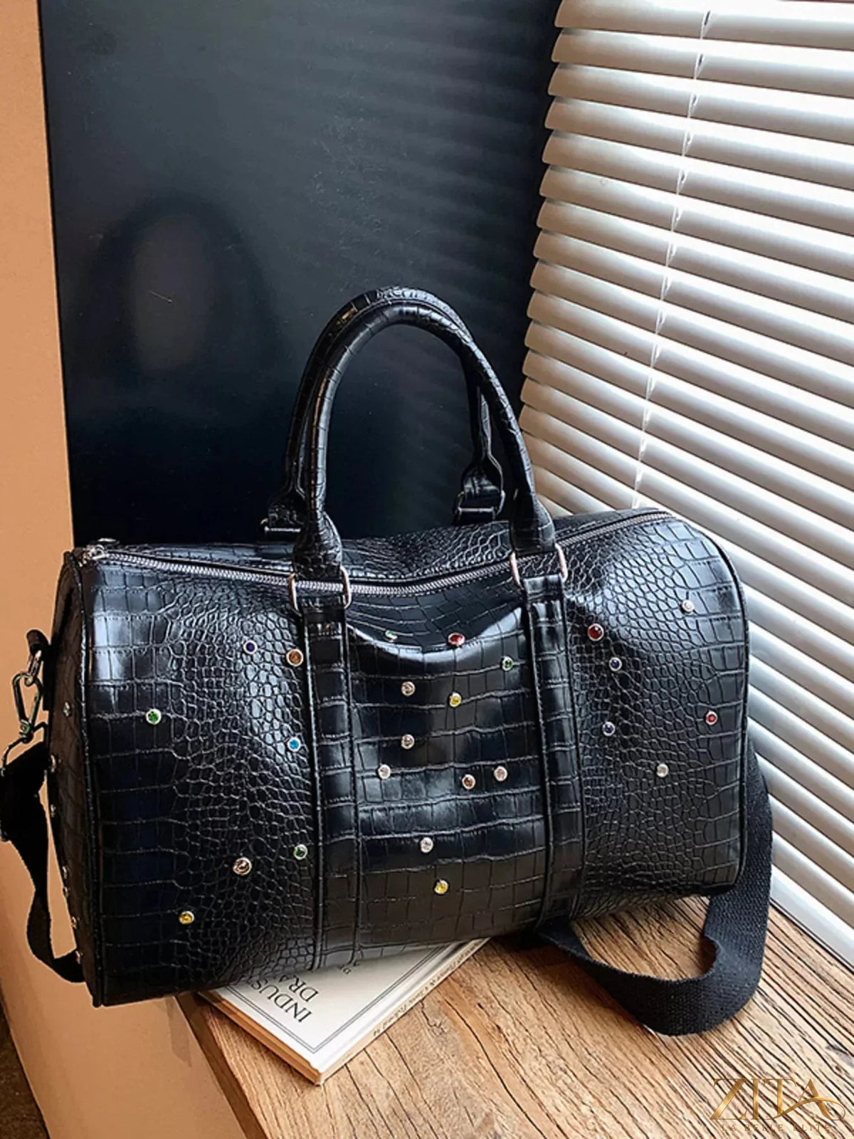 Crocodile embossed Zita La Belle Elite travel bag with studded accents and sturdy handles, designed for elegant travel accessories.