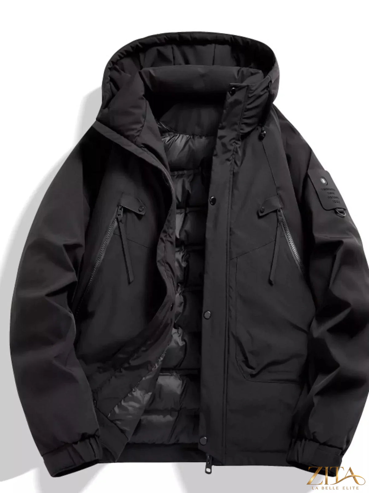 Men's plus size hooded snap-down jacket by Zita La Belle Elite, shown in dark fabric with front snap buttons and a hood.