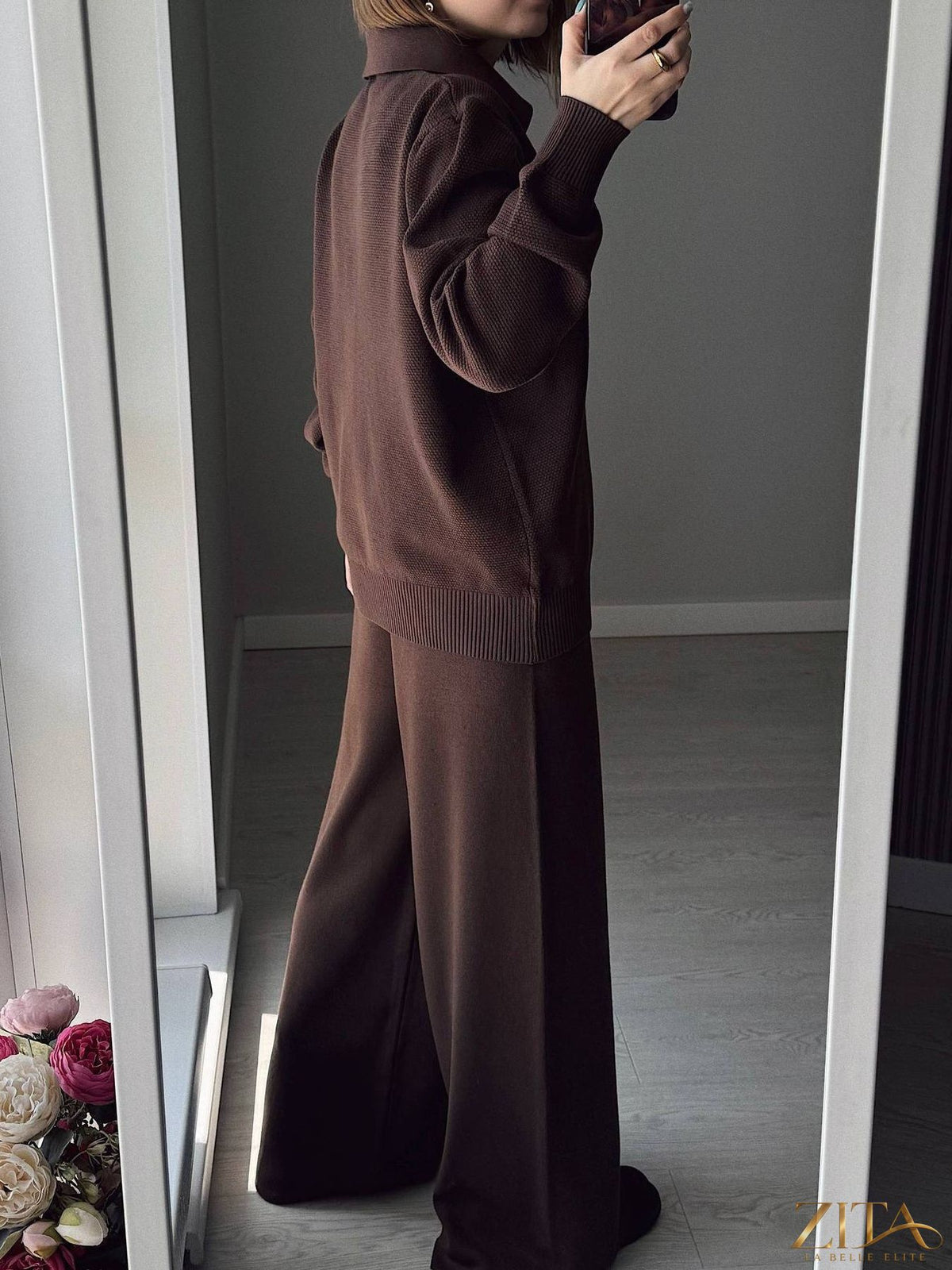 Zita La Belle Elite polo collar knit top with matching pants or skirt set, featuring a stylish and comfortable design.