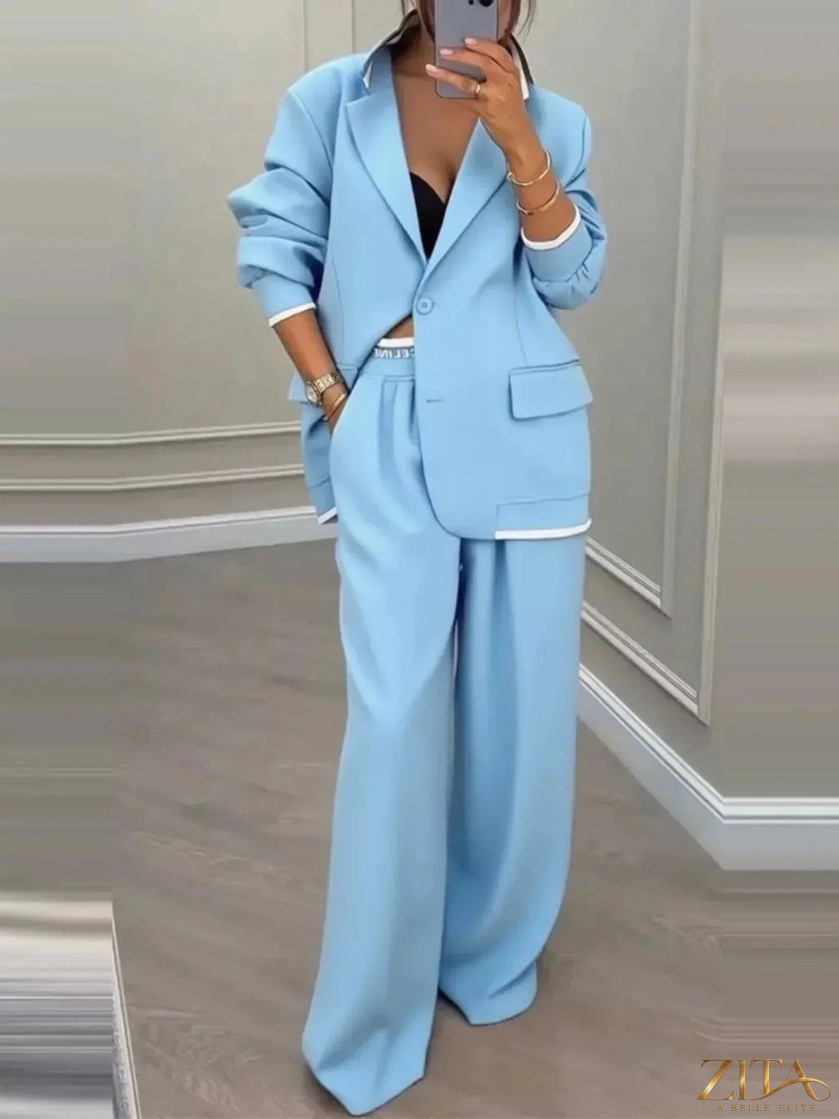 Plus size Zita La Belle Elite blazer and wide-leg pants set featuring a single-button blazer and stylish matching trousers.