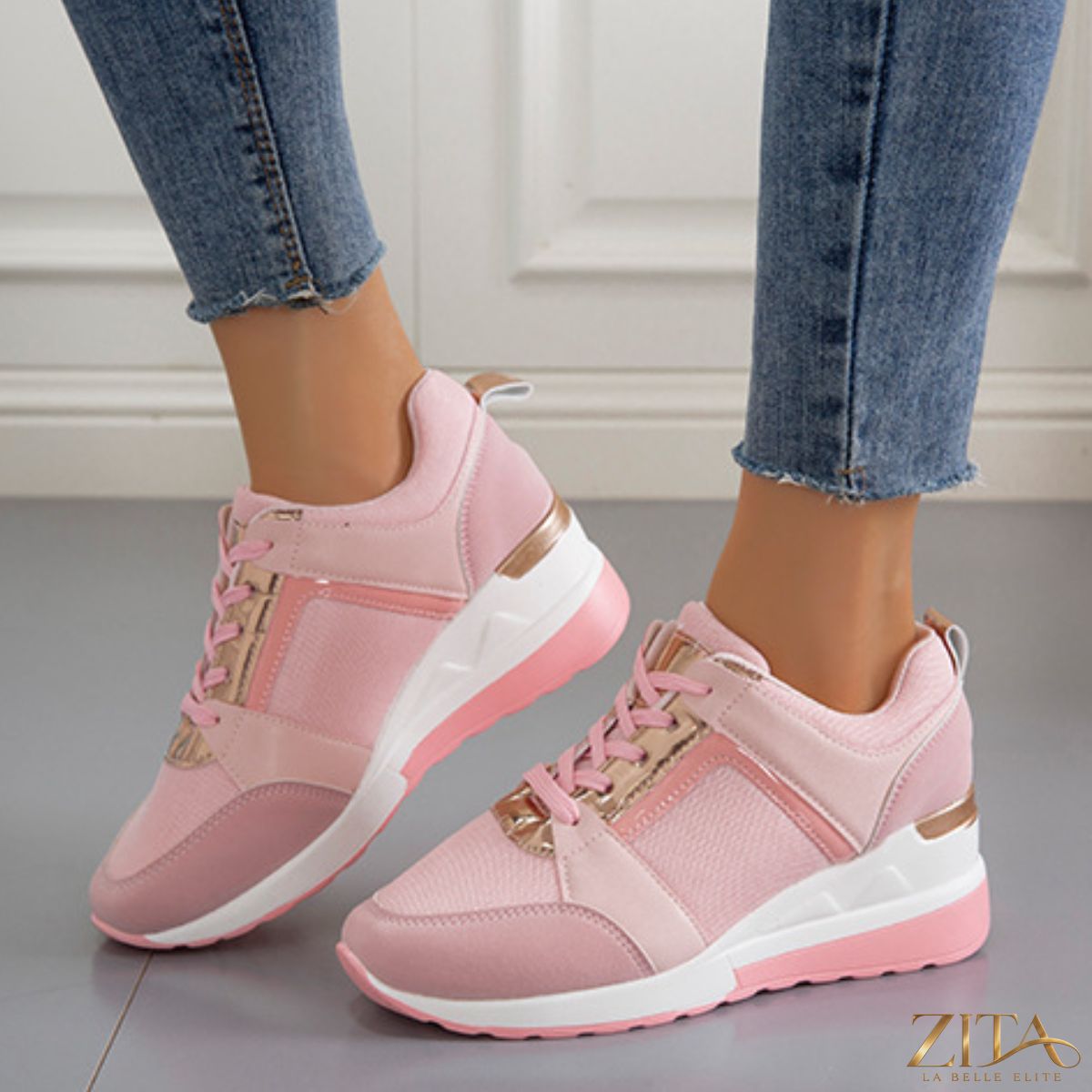 Zita La Belle Elite lace-up wedge sneakers with white and beige design, featuring a chunky sole and stylish casual look.