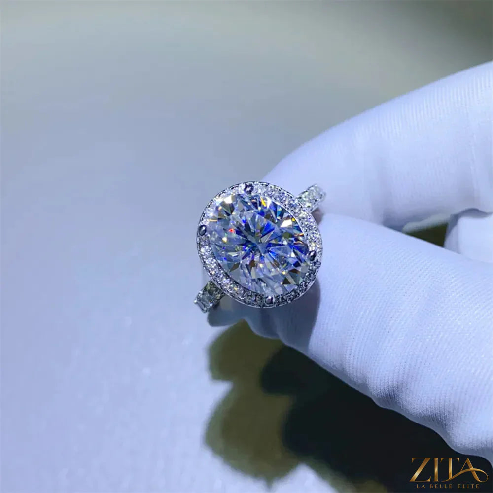 Sterling silver ring featuring a 5-carat moissanite gemstone, showcasing a sparkling and elegant jewelry design.