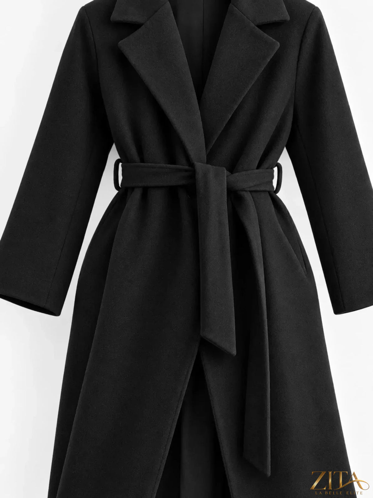 Zita La Belle Elite belted coat with lapel collar and long sleeves, stylish outerwear in a neutral color.