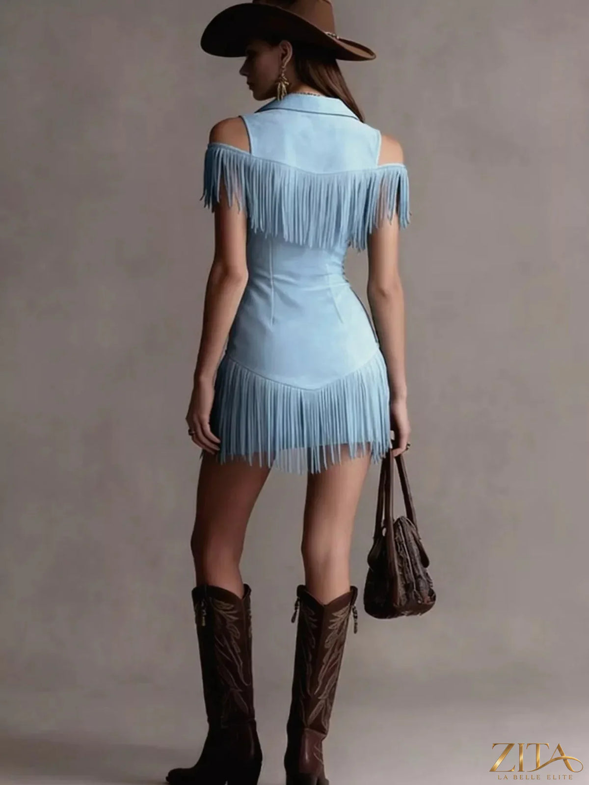 Zita La Belle Elite fringed cold shoulder mini dress, stylish mini dress with fringe detailing and cold shoulder design, black color