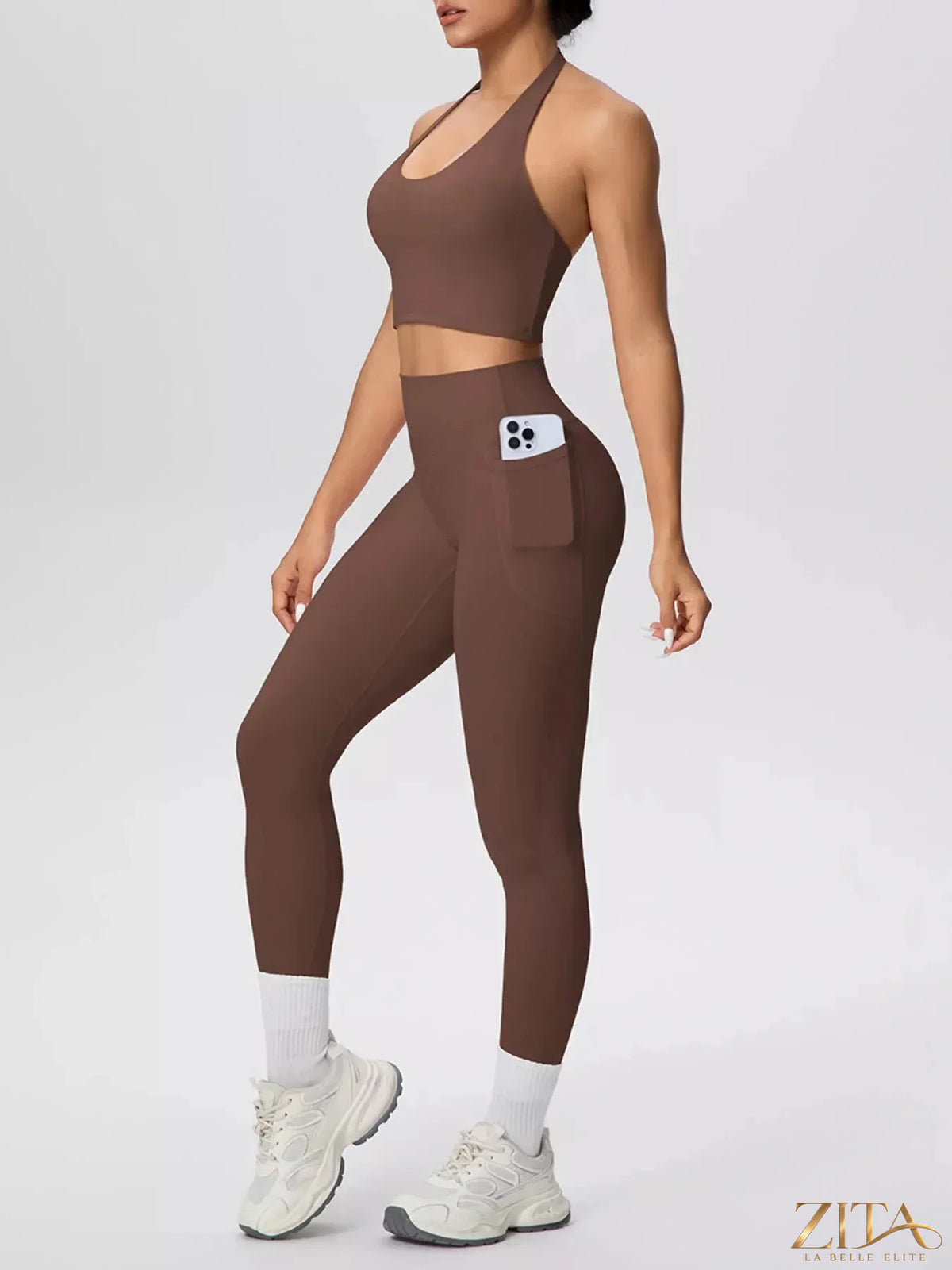 Zita La Belle Elite halter neck crop top and high-waisted leggings active set, black and stylish, designed for workout and casual wear.