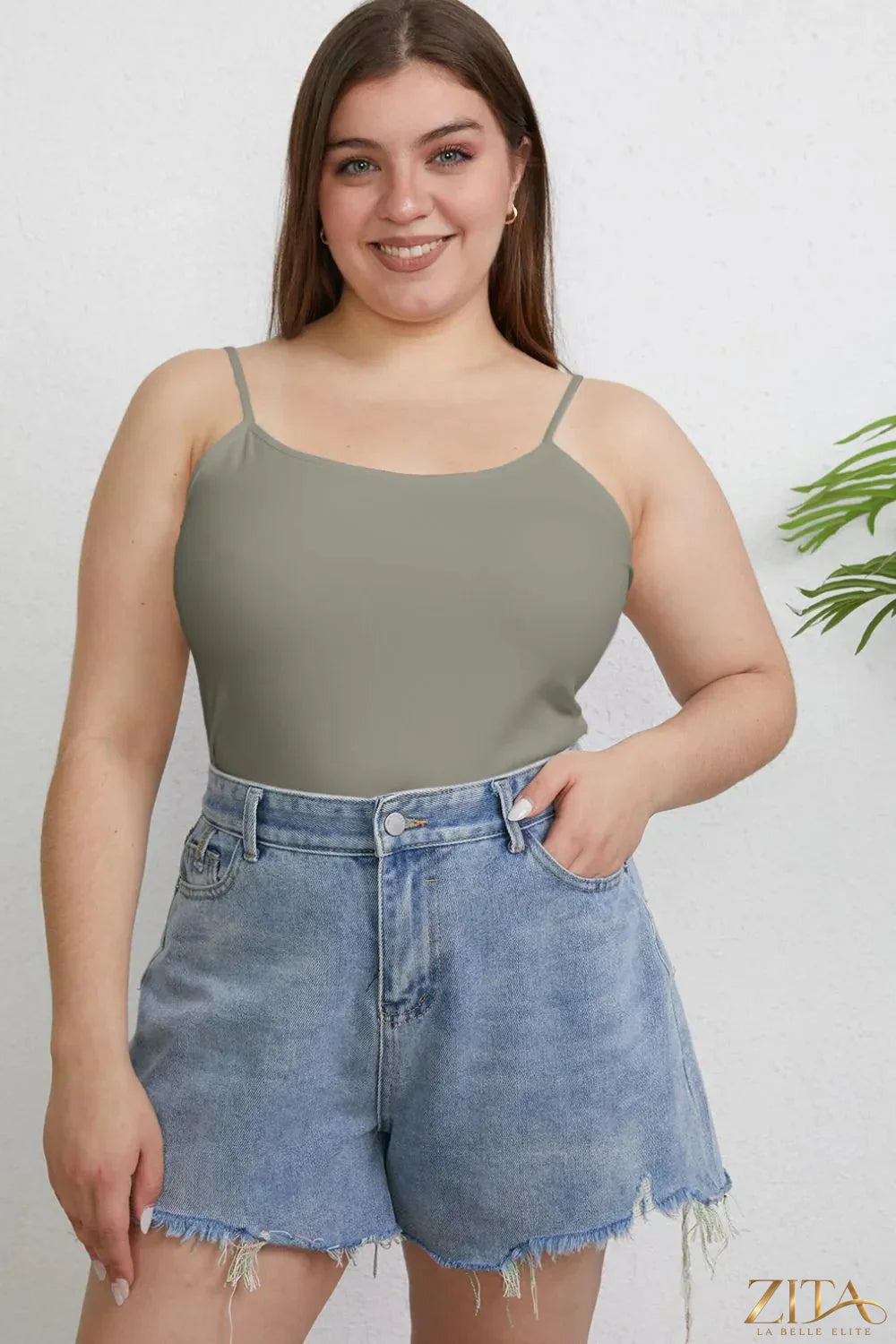 Zita La Belle Elite Basic Bae full-size round neck slim cami in plus size, featuring a smooth fabric and fitted silhouette.