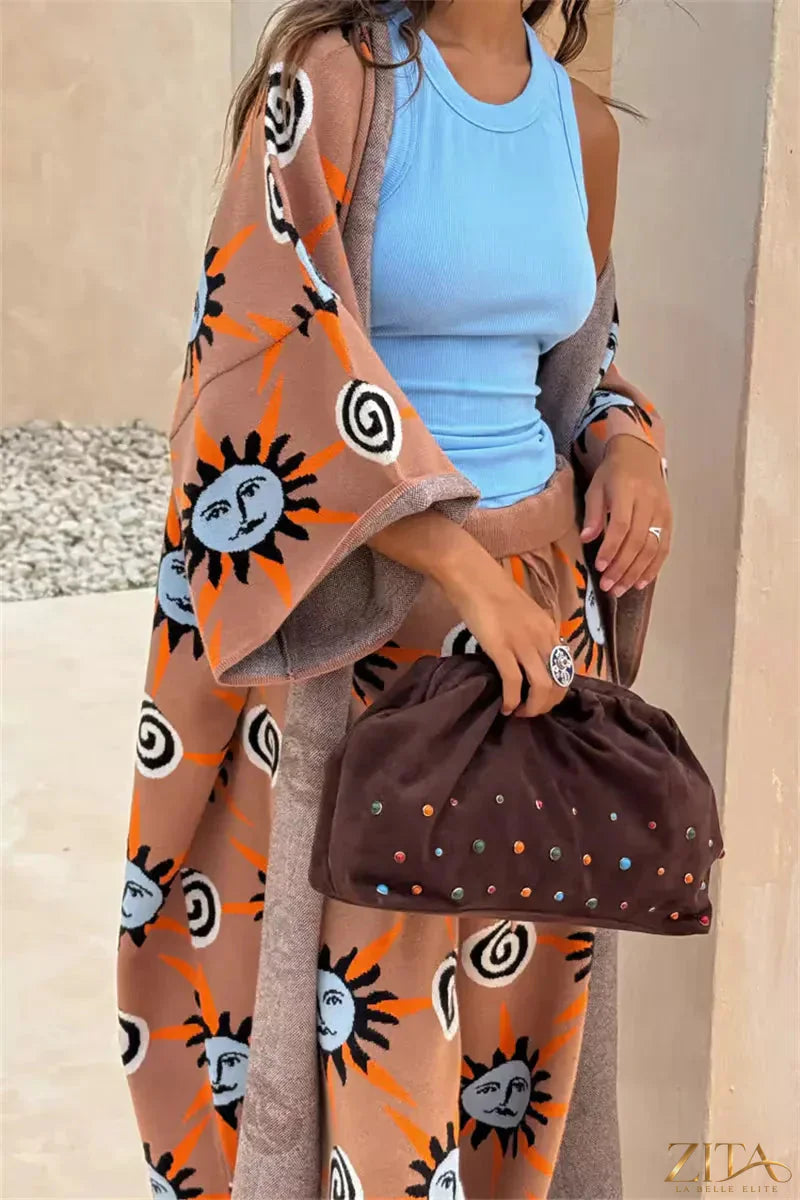 Zita La Belle Elite sun graphic top, cardigan, and pants 3-piece sweater set on a model, casual and stylish outfit.