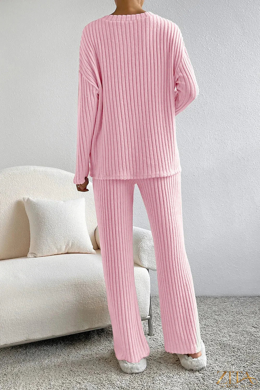 Zita La Belle Elite ribbed V-neck top and matching pants lounge set, soft and comfortable for casual wear, shown in neutral color.