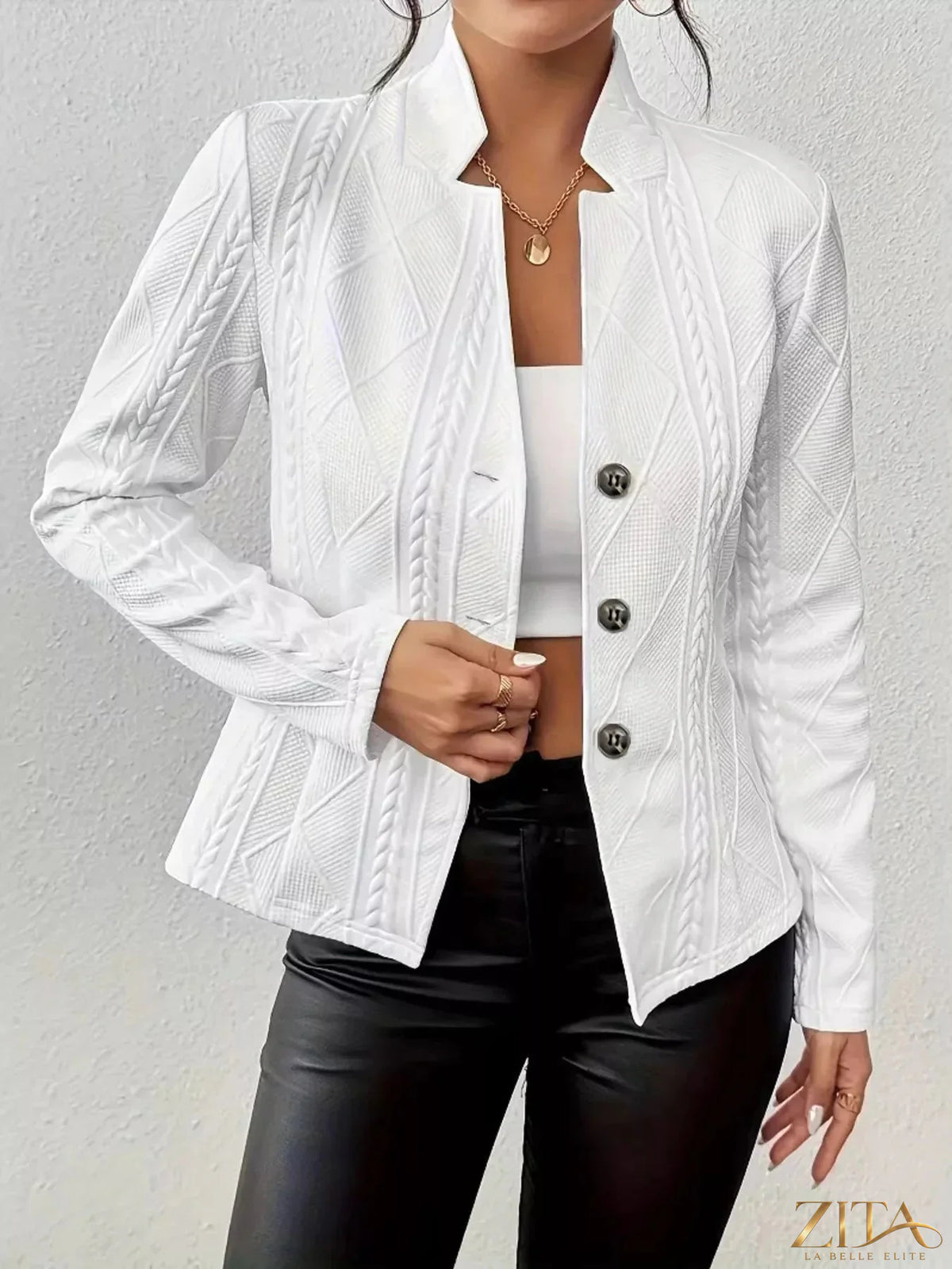 Textured knit button-front blazer by Zita La Belle Elite, showing the tailored fit and detailed fabric texture.