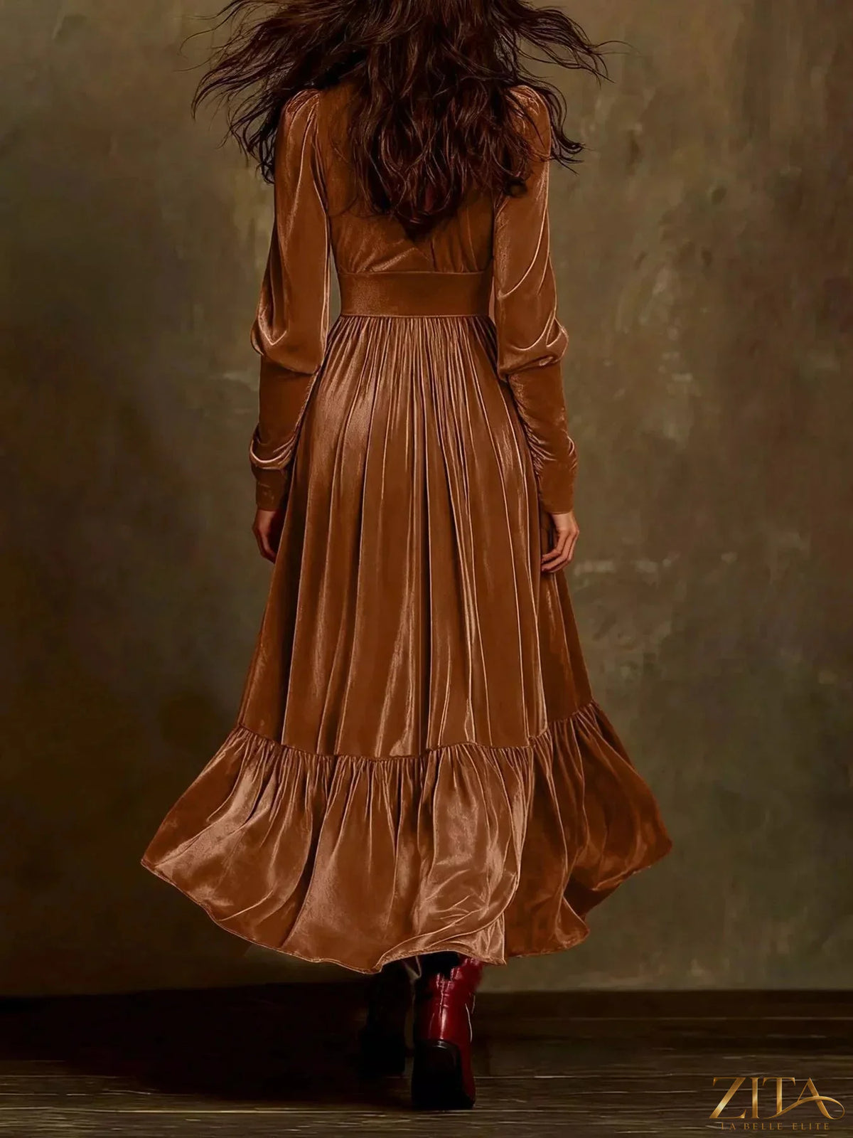Elegant velvet V-neck long sleeve maxi dress by Zita La Belle Elite, shown in rich fabric with a flowing silhouette.