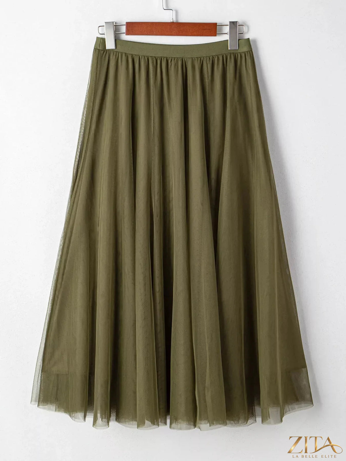 Cream tulle A-line midi skirt from Trendsi featuring a flowy, layered design perfect for elegant outfits.