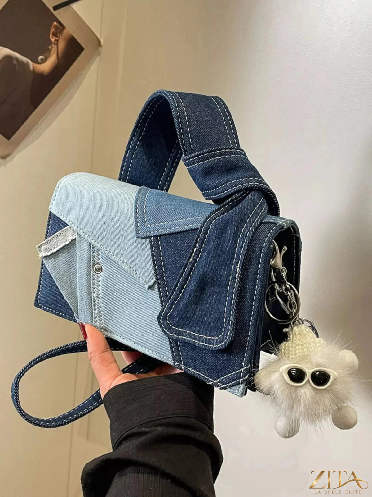 Zita La Belle Elite denim patchwork crossbody bag with colorful stitched details and adjustable strap, stylish and modern accessory.