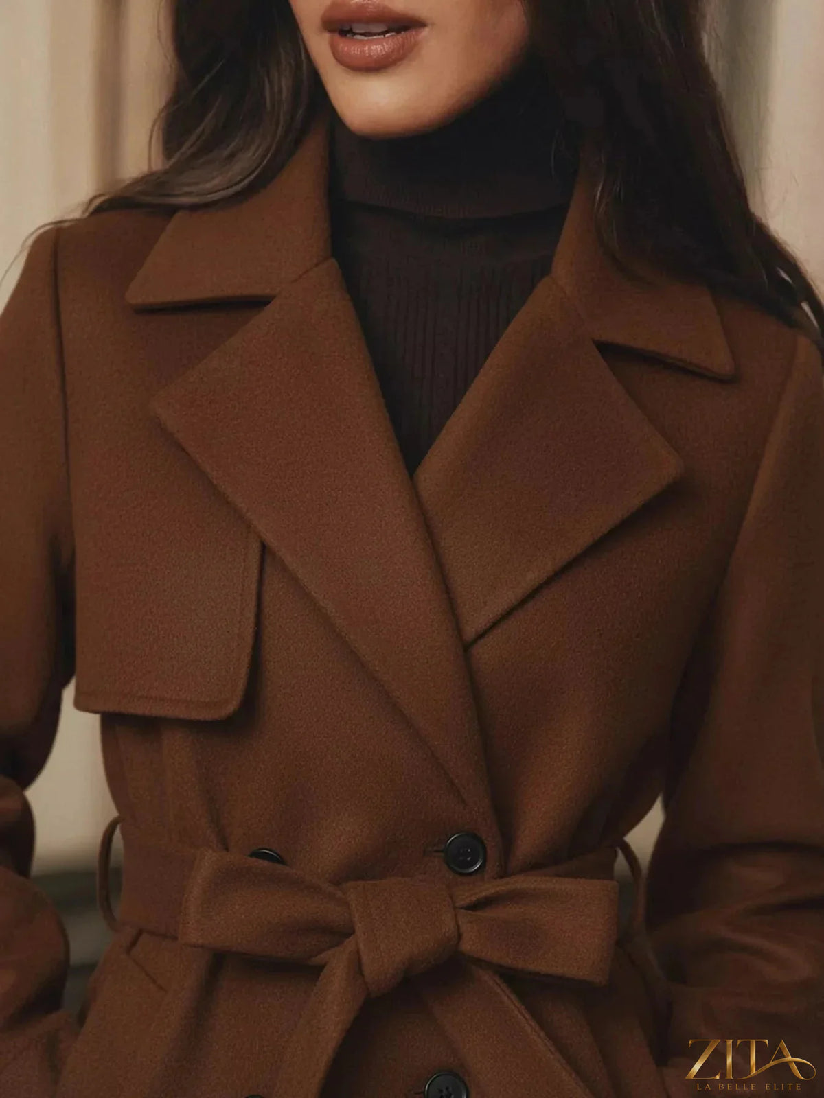 Zita La Belle Elite wool blend coat with lapel collar and belted waist, showcasing a stylish and warm outerwear design.