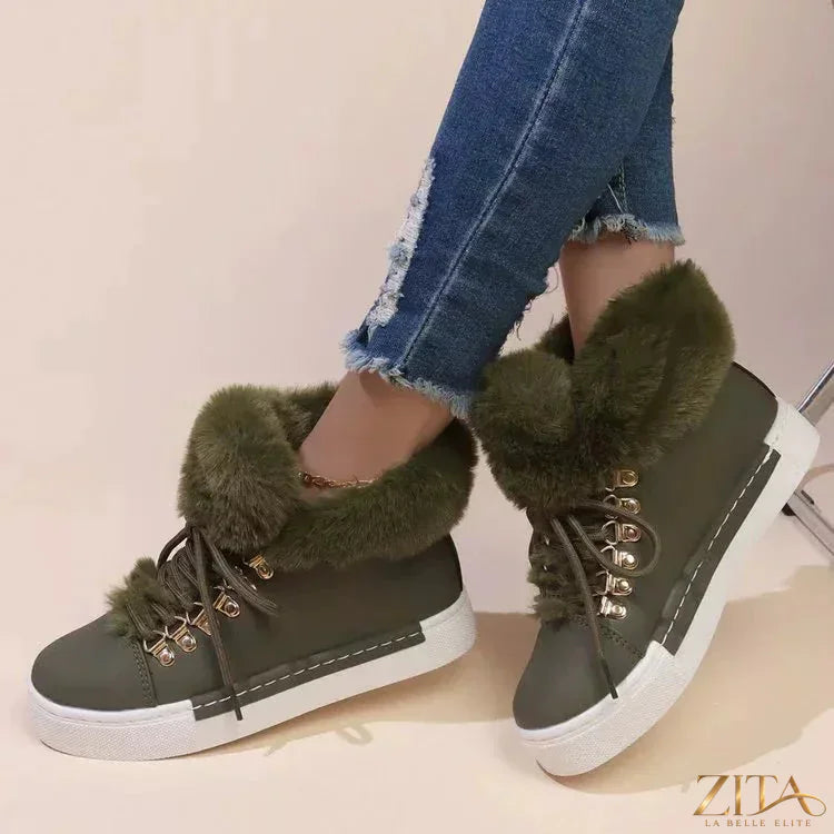Zita La Belle Elite fuzzy trim lace-up ankle boots with plush interior and stylish design, perfect for casual and trendy outfits.