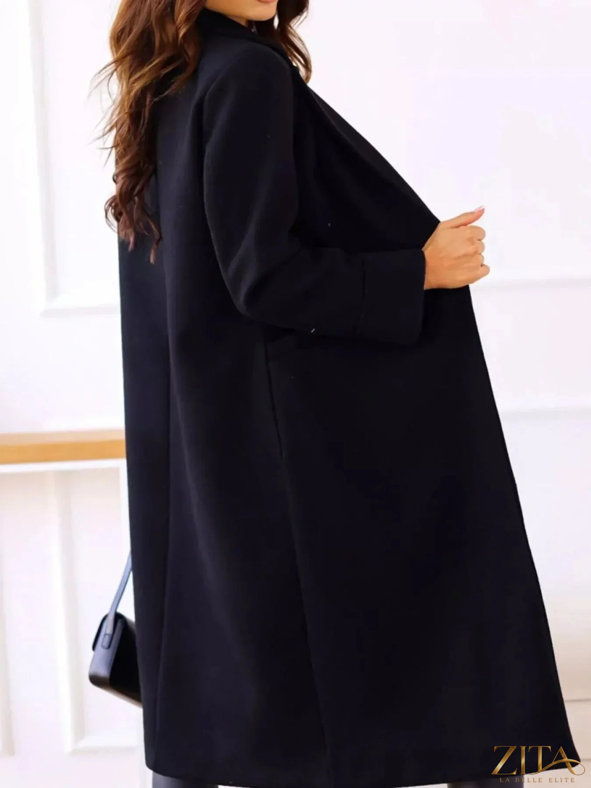 Zita La Belle Elite wool blend overcoat with lapel collar, tailored fit, and classic design in neutral color.