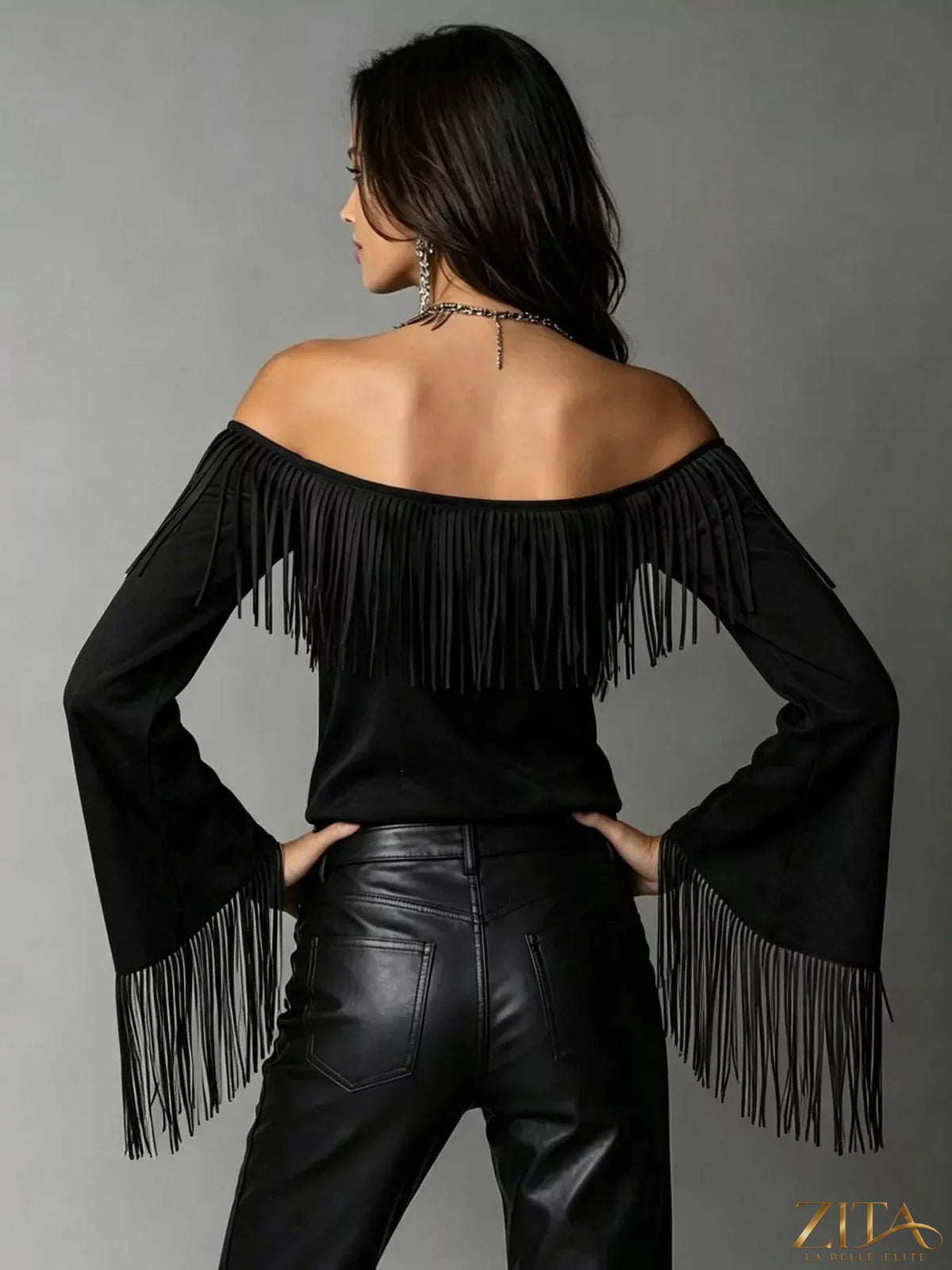 Zita La Belle Elite boho chic off-shoulder suede top with fringed details, stylish and trendy for casual or festival wear.