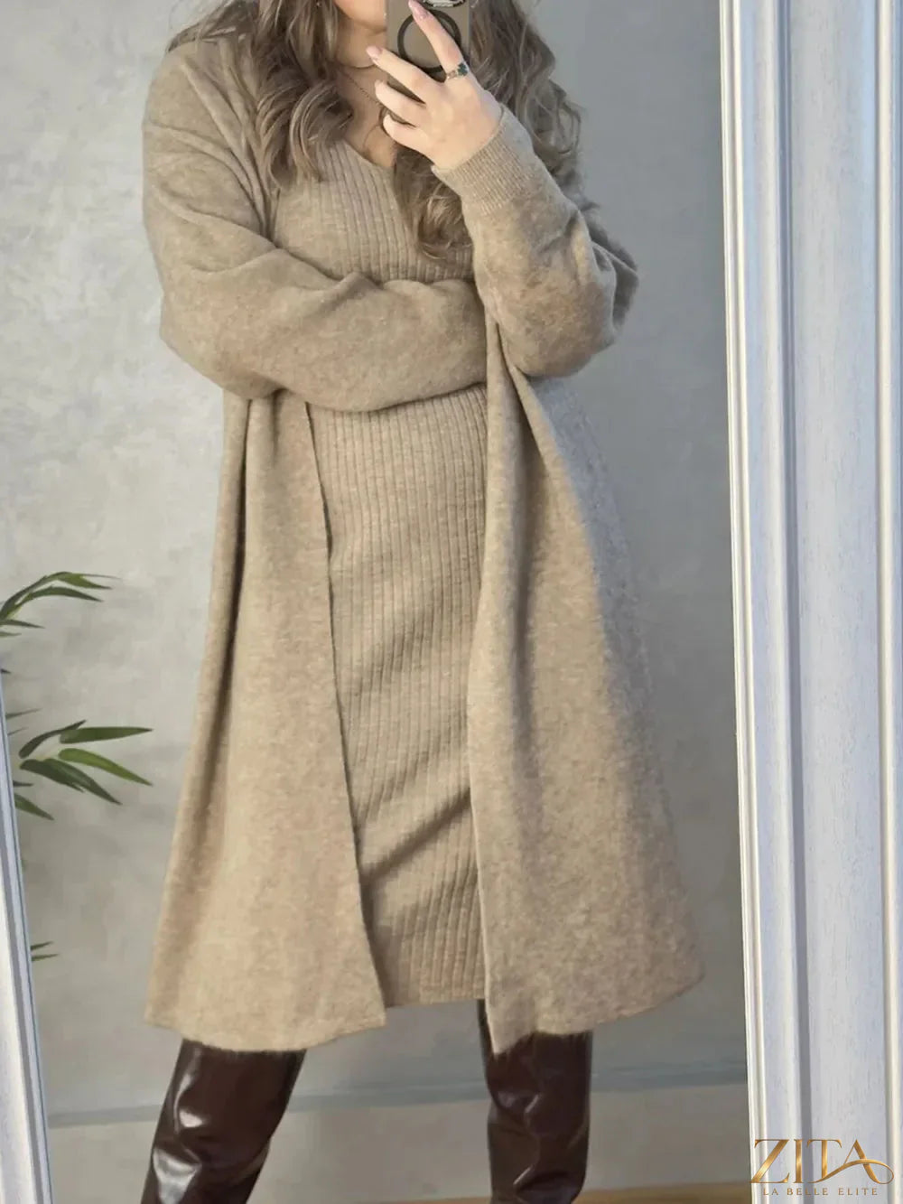 Zita La Belle Elite V-neck cami dress paired with an open front cardigan sweater, stylish and comfortable women's outfit.