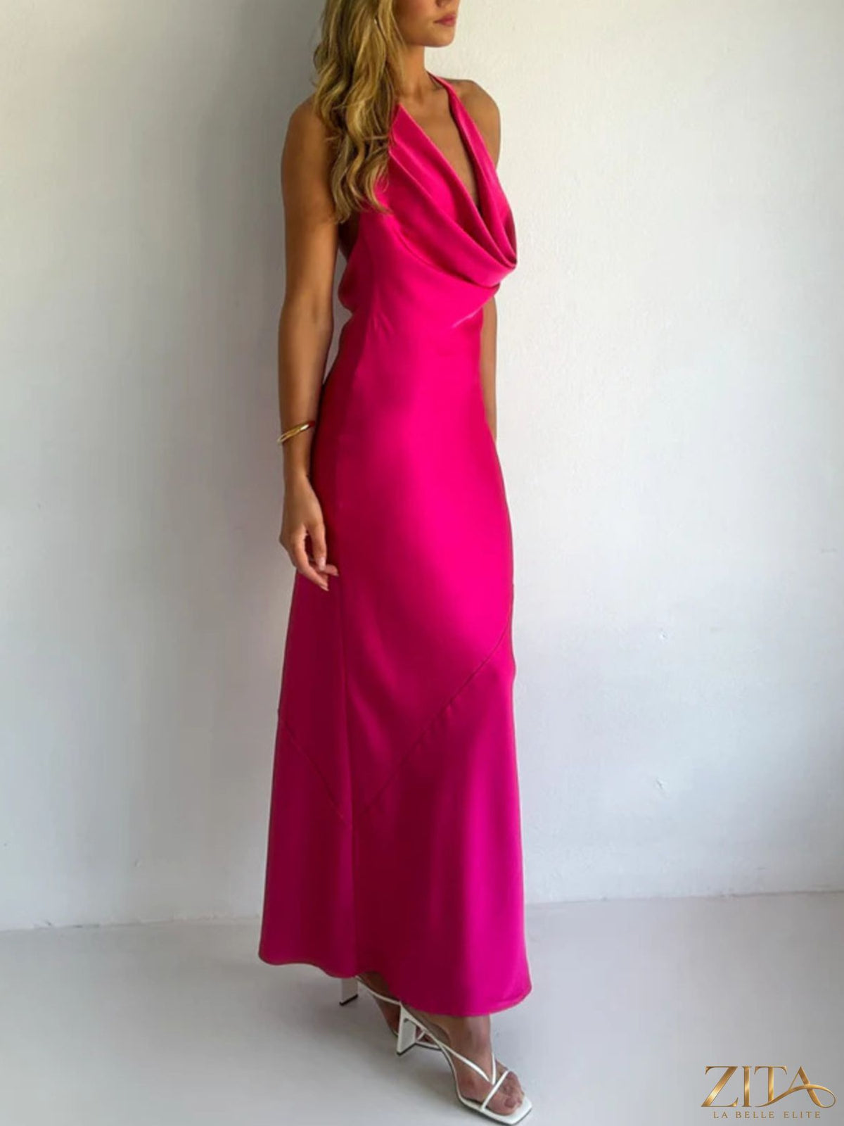 Zita La Belle Elite halter neck satin maxi dress in elegant fabric with flowing silhouette and stylish design.