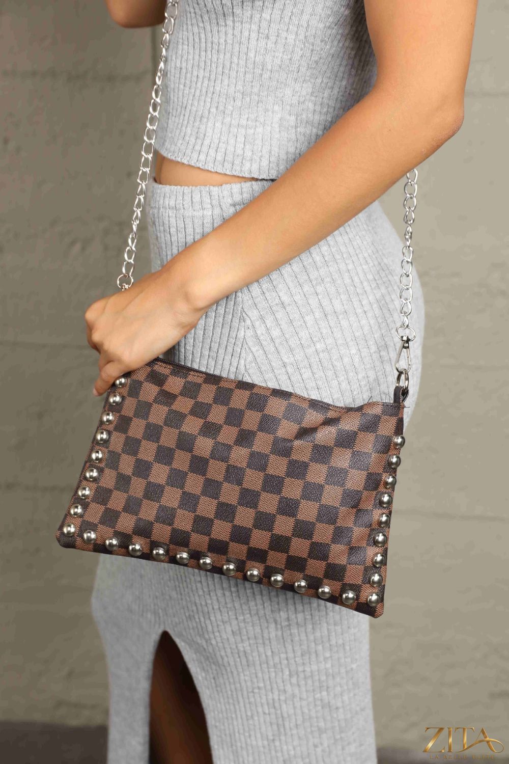 Zita La Belle Elite Adored PU leather shoulder bag with studded design and adjustable strap, stylish and versatile accessory.