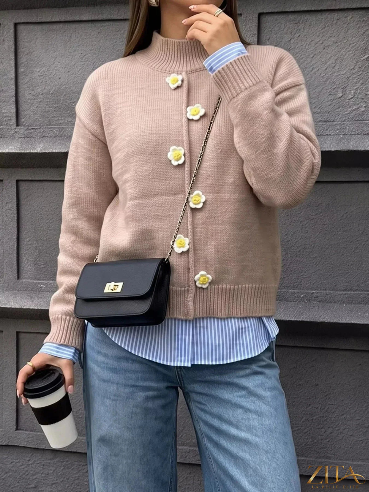 Zita La Belle Elite floral applique turtleneck sweater with colorful floral embroidery on soft knit fabric.